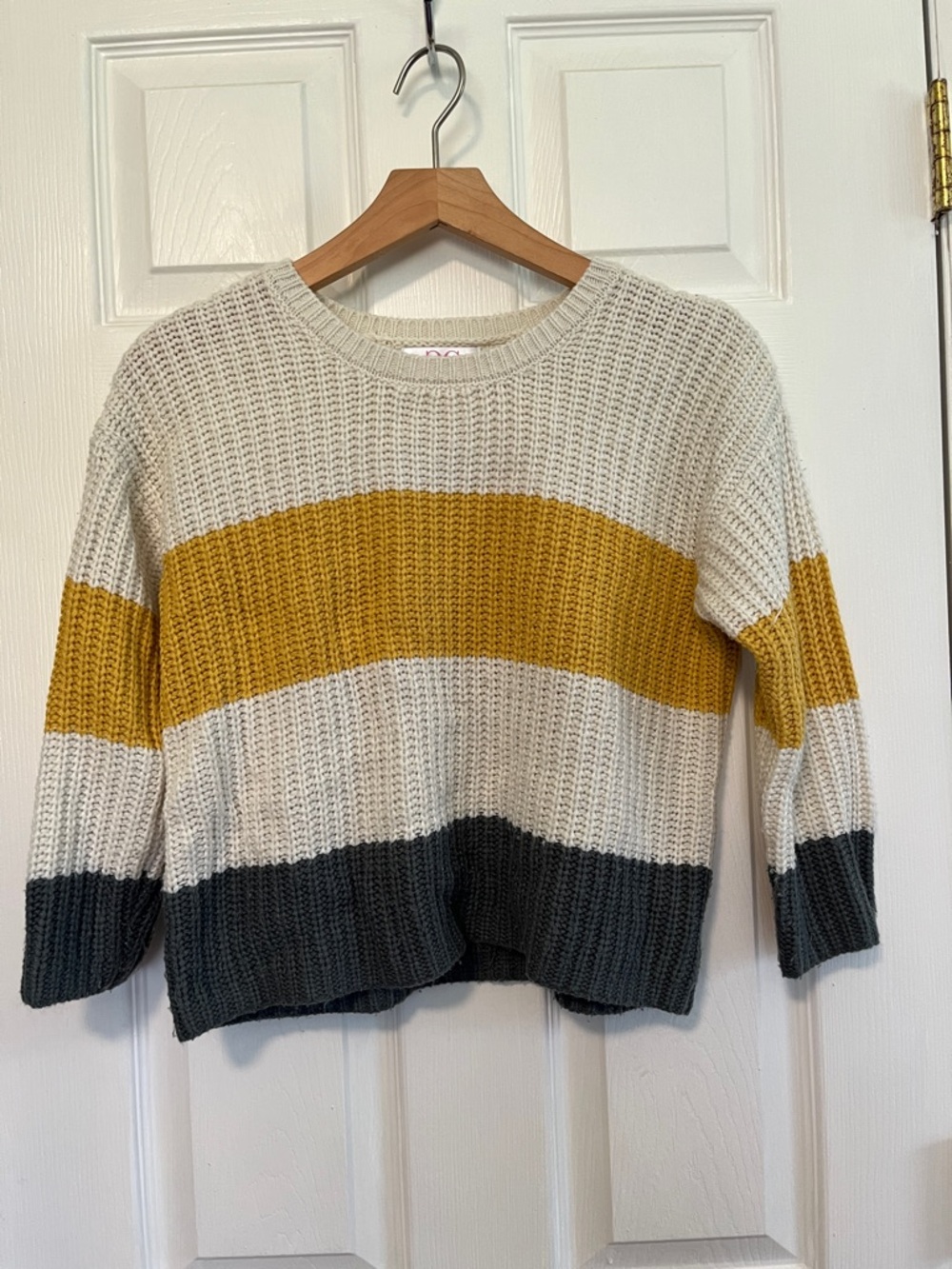 Girls' Colorblock Knit Sweater in White, Mustard & Charcoal